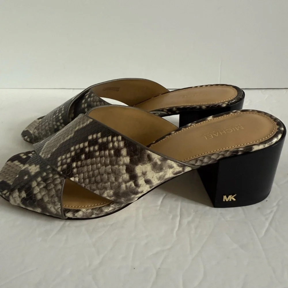 Michael Kors Brown Snake Print Mules Slides Chunky Block Heel Sandals Women 7